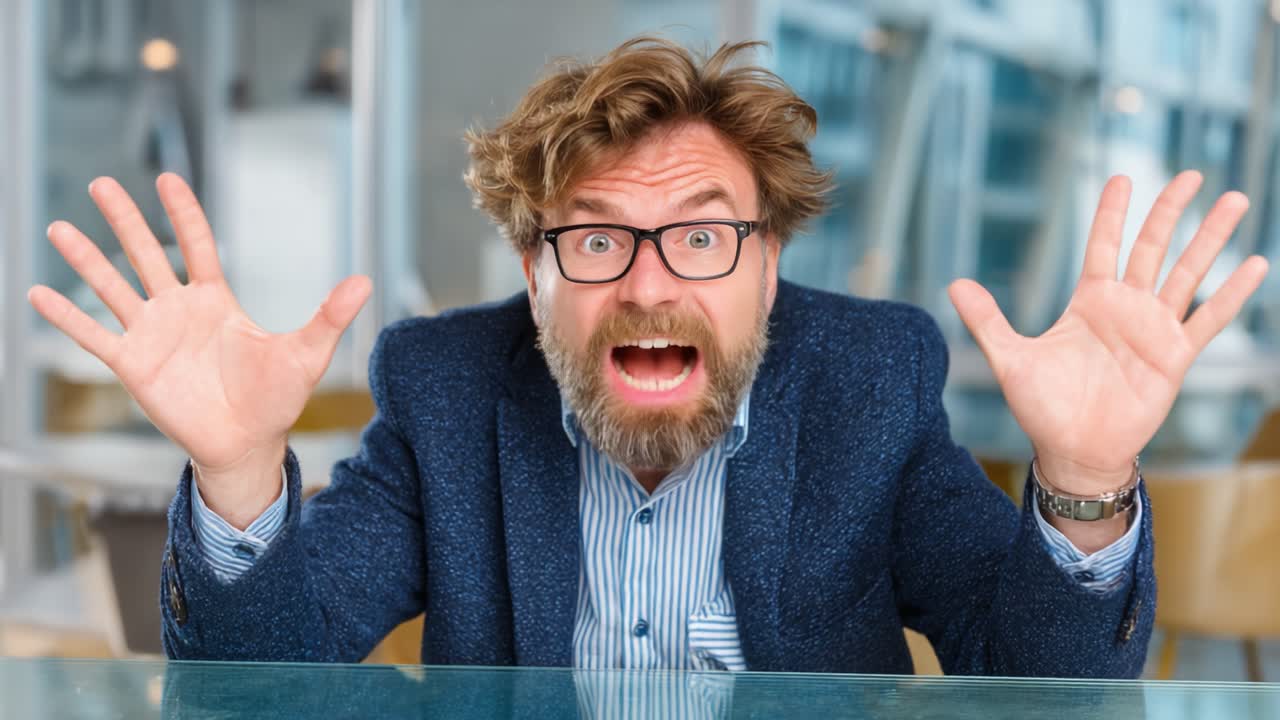 A man expresses surprise and excitement in a modern office setting, showcasing a range of emotions through exaggerated facial expressions and gestures