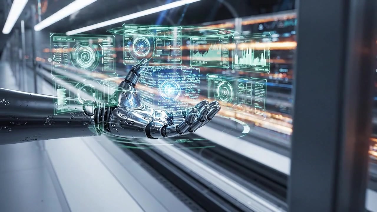 A Futuristic Robot Hand Manipulating Holographic Interfaces in a High-Tech Environment, Showcasing Advanced Technology and Digital Interaction Capabilities.