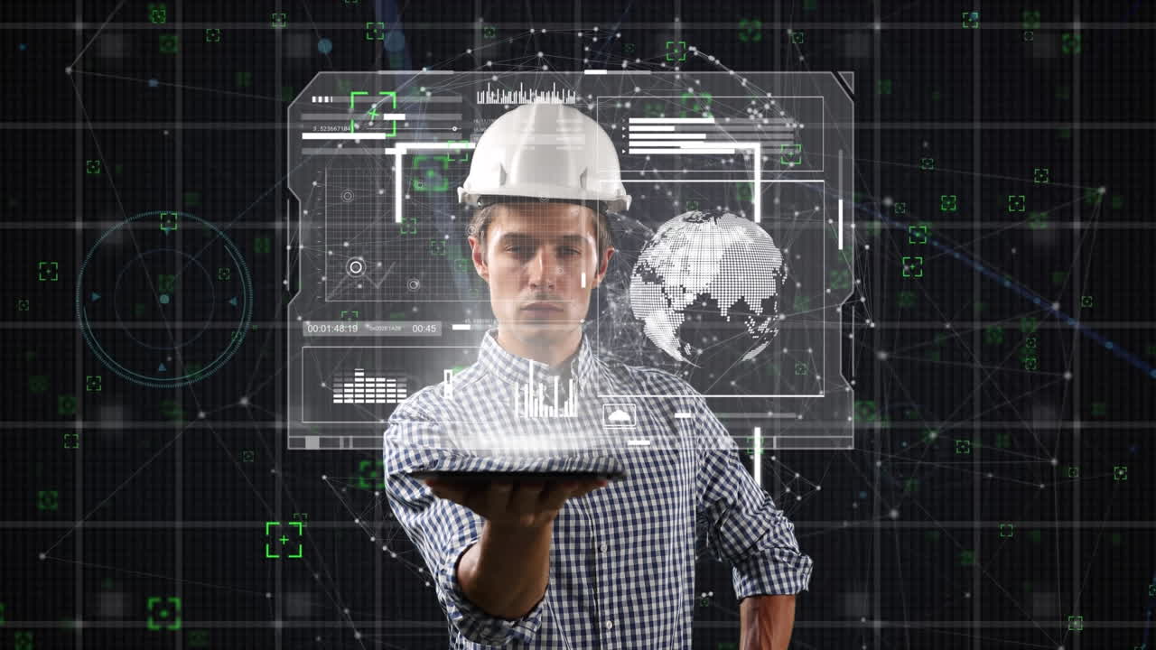 animación de una pantalla digital con datos diversos sobre un ingeniero caucásico.