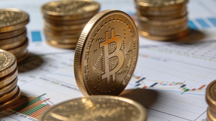 Immagini che mostrano un token Bitcoin d'oro che ruota sul bordo su una scrivania, rivelando il simbolo, con pile di monete e grafici.