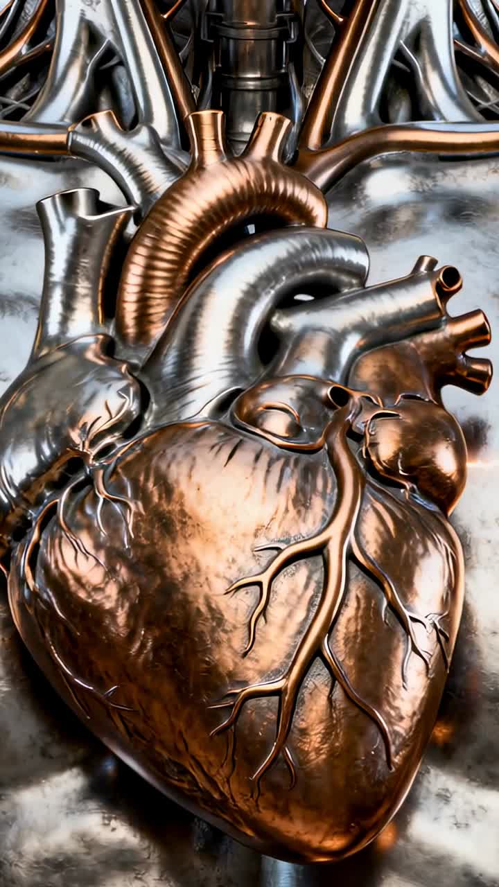 Modelo médico de coração em bronze e prata preenchendo o centro, luz em movimento criando arcos breves traçando vasos.