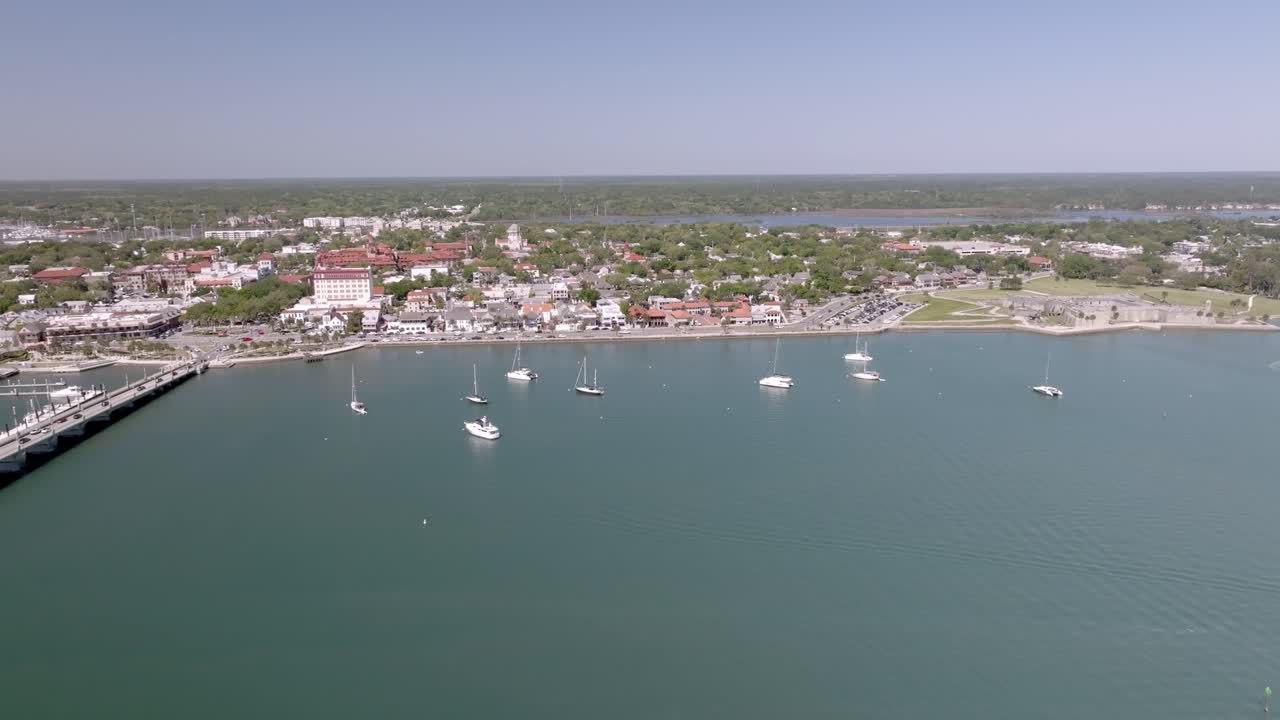 Downtown St. Augustine, Florida along the Matanzas River with drone video moving in.