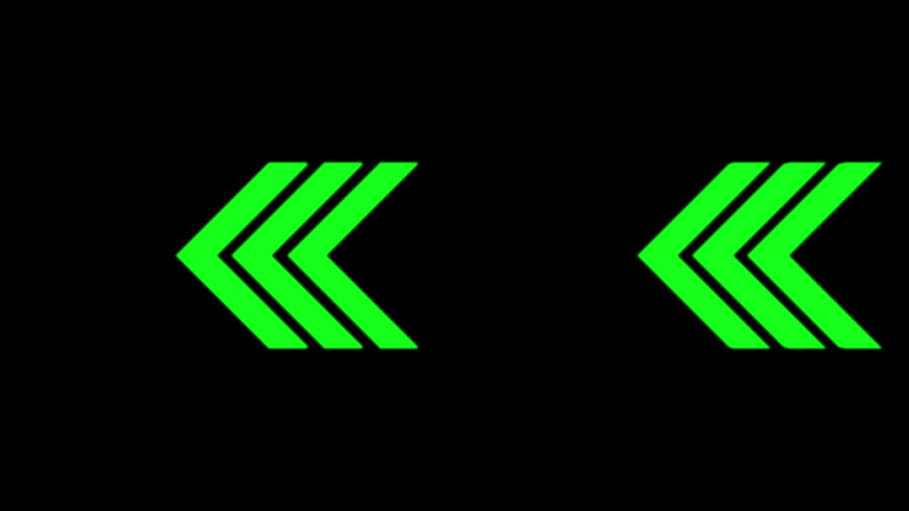 Chevron cinetici al neon verdi scorrono orizzontalmente su uno sfondo scuro in un loop continuo