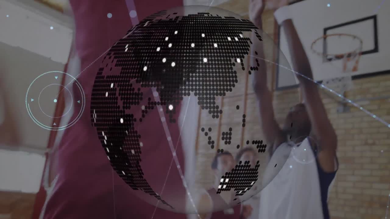 animación del globo y la red de conexiones sobre un grupo diverso de jugadores de baloncesto en el gimnasio