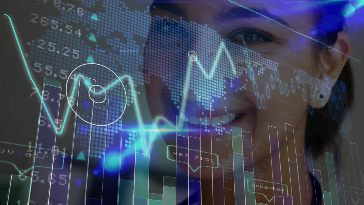woman analyzing finance data in virtual interface, displaying neon line charts and bar graphs