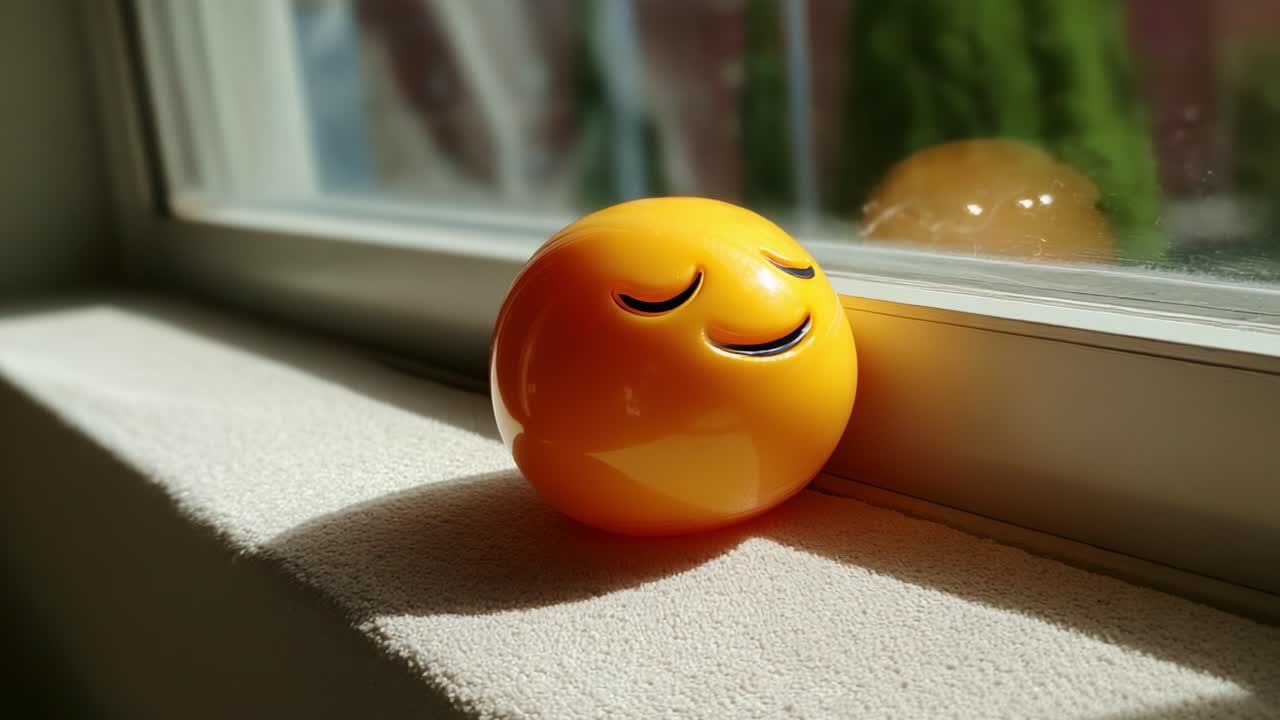 A cheerful yellow smiley face figurine basking in the warm sunlight on a windowsill, reflecting a sense of happiness and tranquility in its serene expression and soft glow