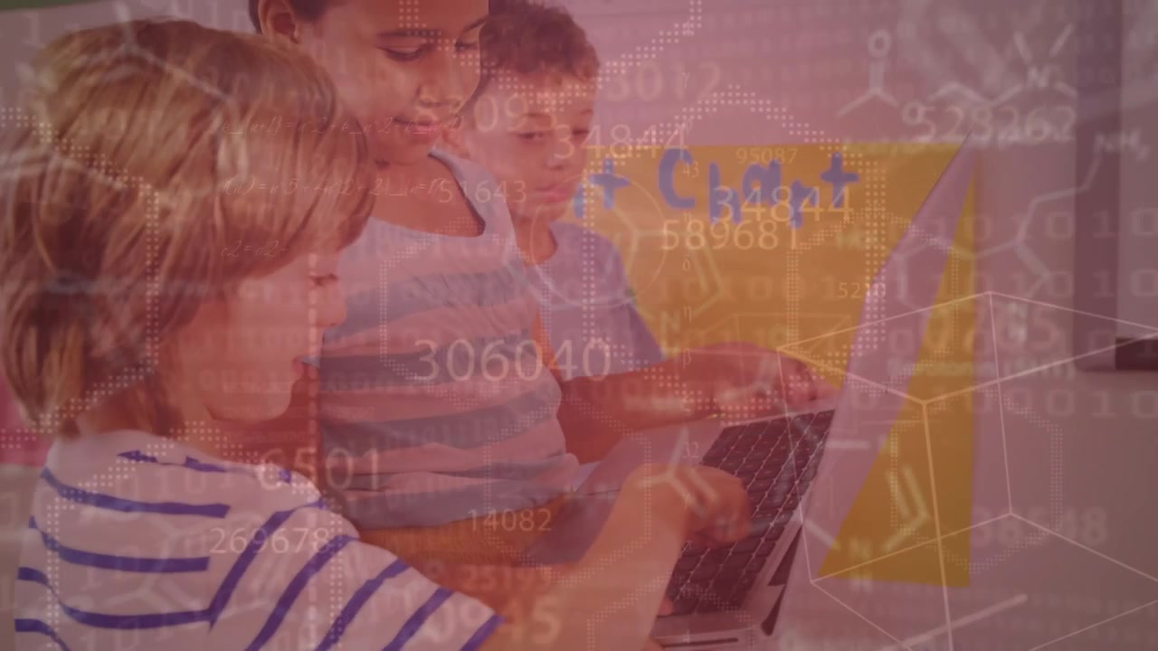 Animation of data processing over business people using digital face