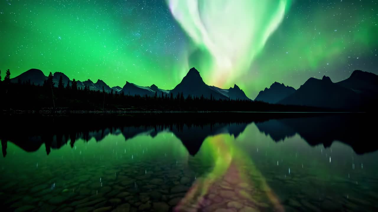 Splendido video grandangolare dell'aurora boreale sulle montagne, che si riflette in un lago calmo.