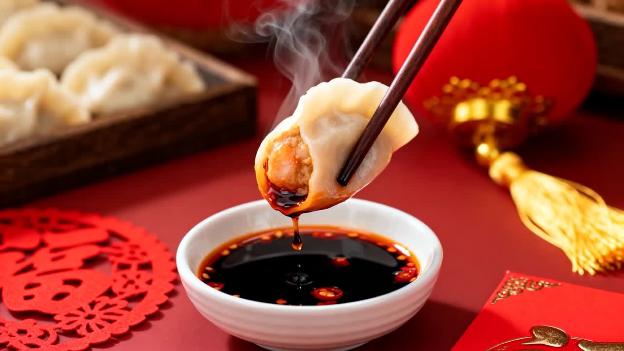 Wooden chopsticks lifting steamed dumpling from soy bowl at festive table for tasting, sauce ribbon