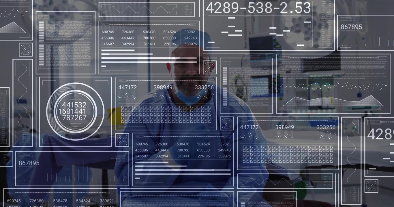 Surgeon monitoring medical panels in operating room, displaying floating charts and waveforms
