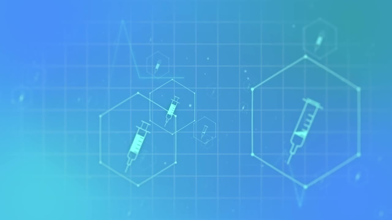 의료 주사기 아이콘의 애니메이션과 파란색 배경의 그리드 상의 데이터 처리