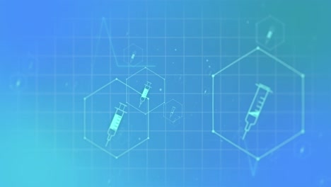 animation of medical syringe icons and data processing over grid on blue background