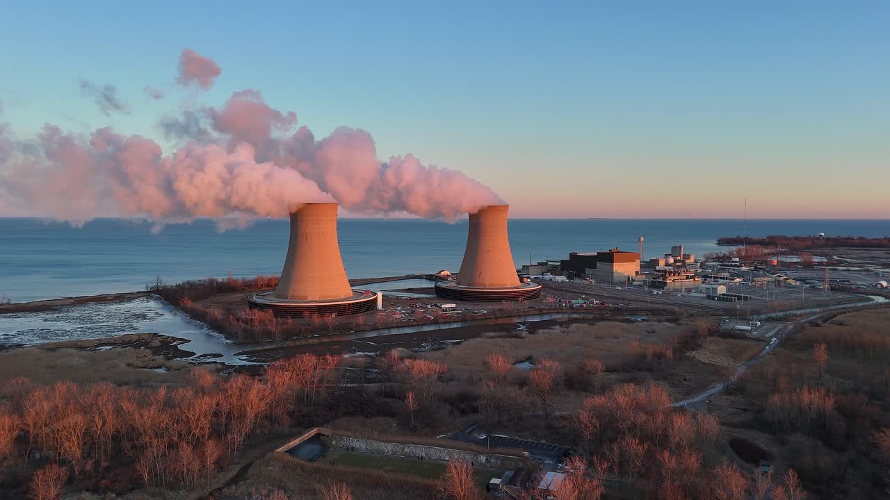 Drone video of Enrico Fermi II nuclear power plant, Berlin Township, Michigan, USA