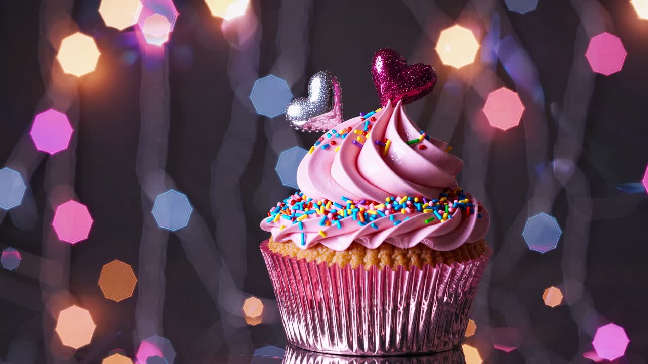 elegante pastel rosa con decoraciones de corazón y salpicaduras de colores descansando en una superficie reflectante, rodeado de luces festivas brillantes