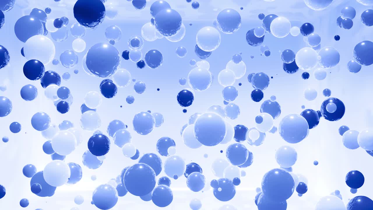 푸른 색조의 구의 추상적인 4k 배경, led와 같은 공이 공중에 매달려 있고 밝고 세련된 배경으로 꺼집니다.