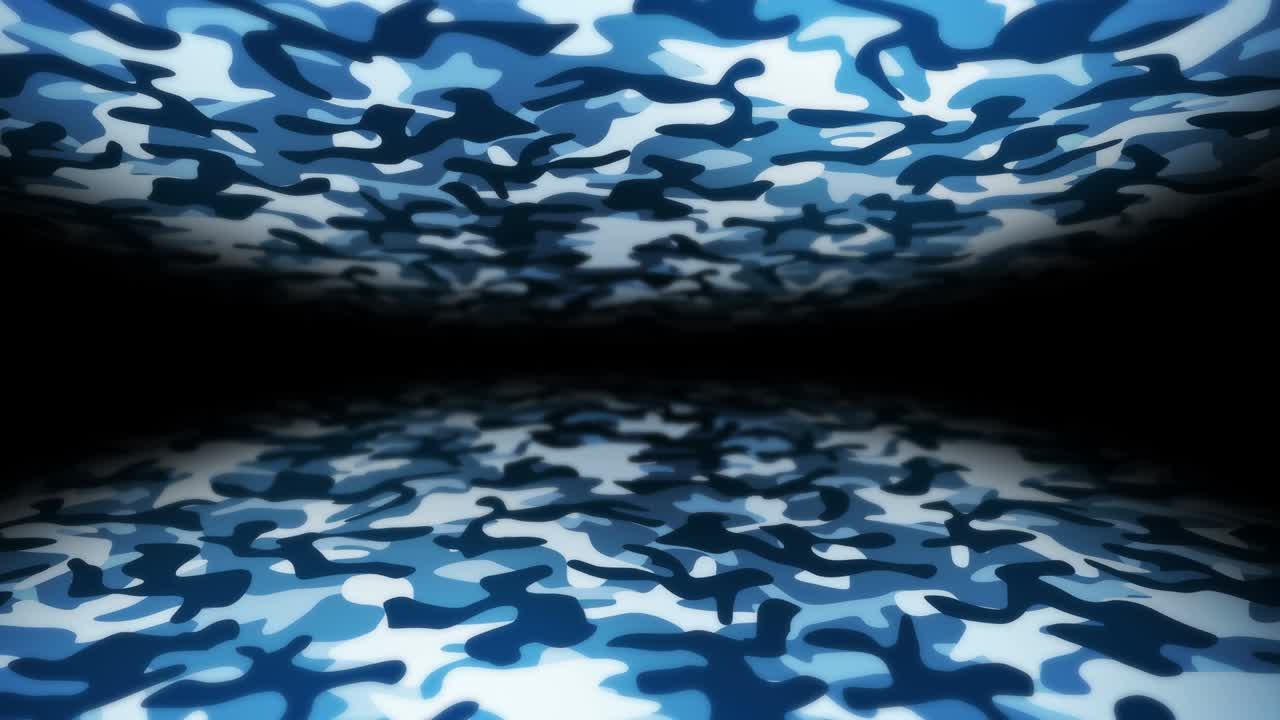 Blue camouflage pattern background. Military uniform concept. Abstract line and wave texture. Loop animation.