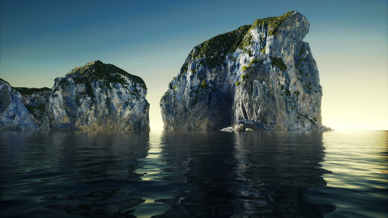 Rocky formations tower over calm waters at sunset on the coast