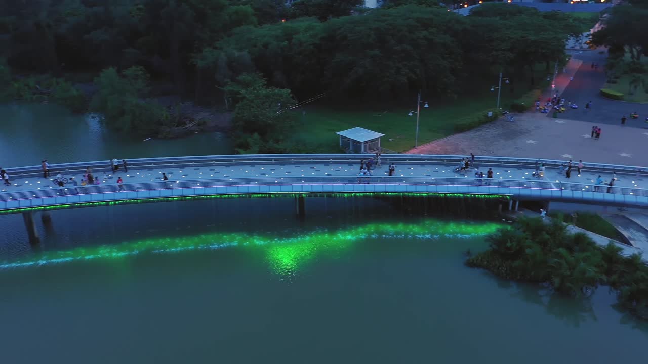 Aerial View of Illuminated Bridge at Night with People Walking