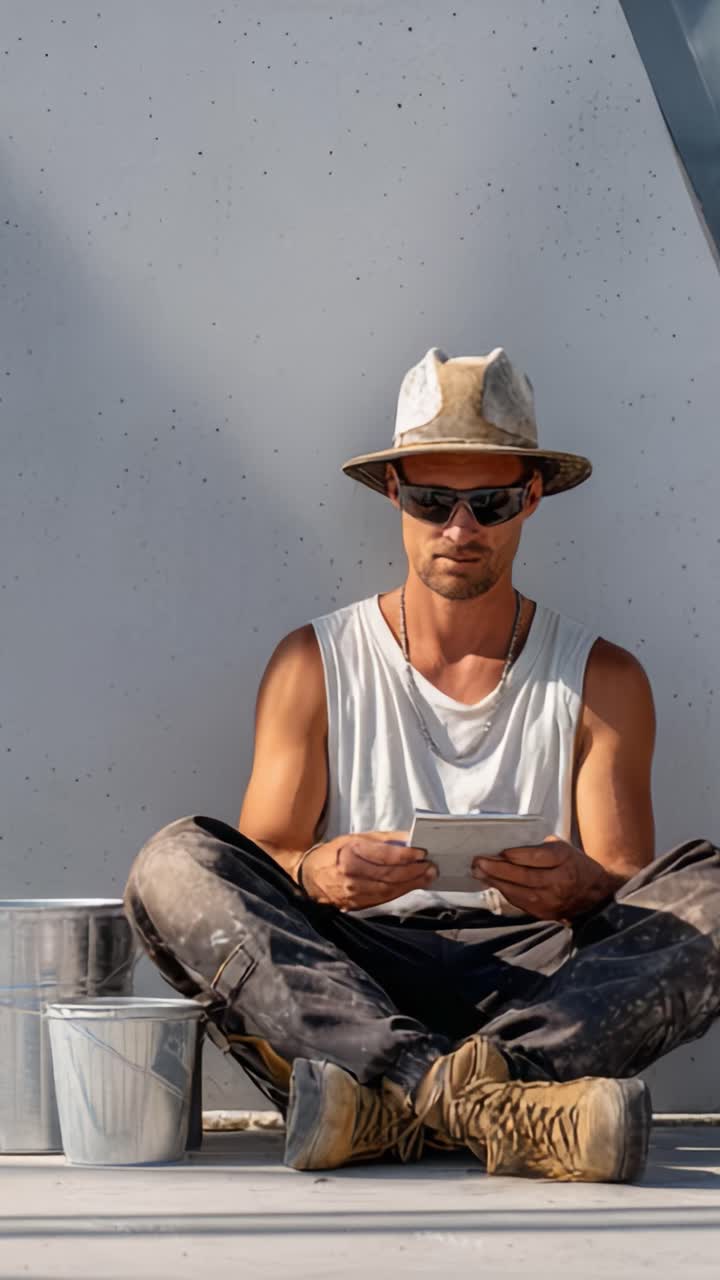 Operaio edile concentrato seduto a terra con cappello, occhiali da sole e strumenti, intento a leggere o rivedere i progetti per un progetto edile