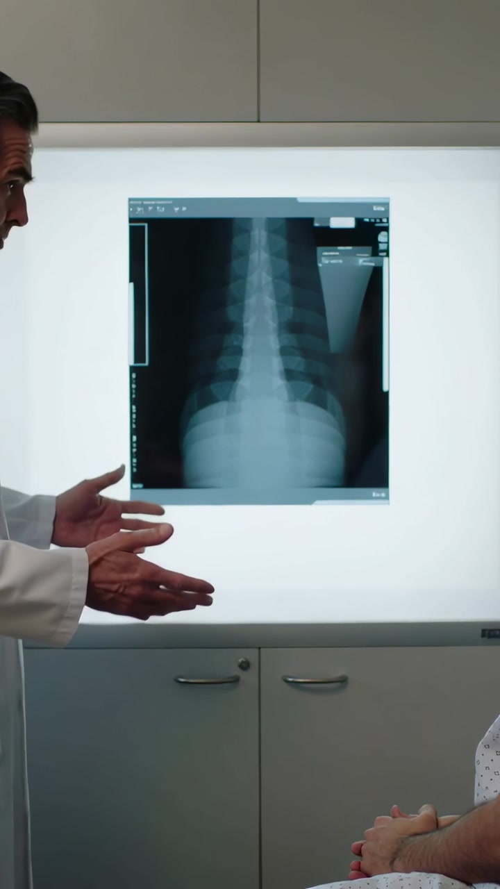 Vertical video: Pointing at X-ray, dr in lab coat explaining results to patient in gown at clinic