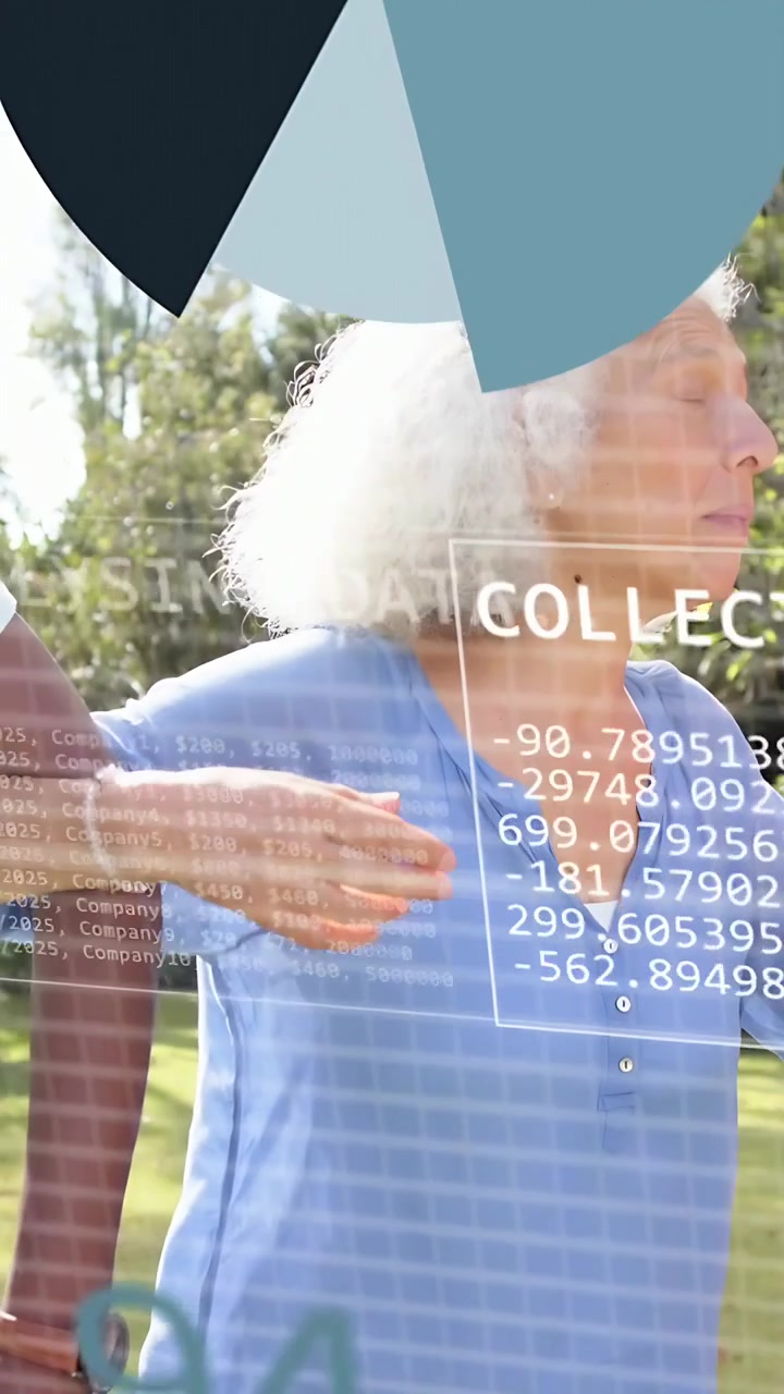 Vertical video: Rotating pie appearing, man holding senior woman, overlays collecting health data