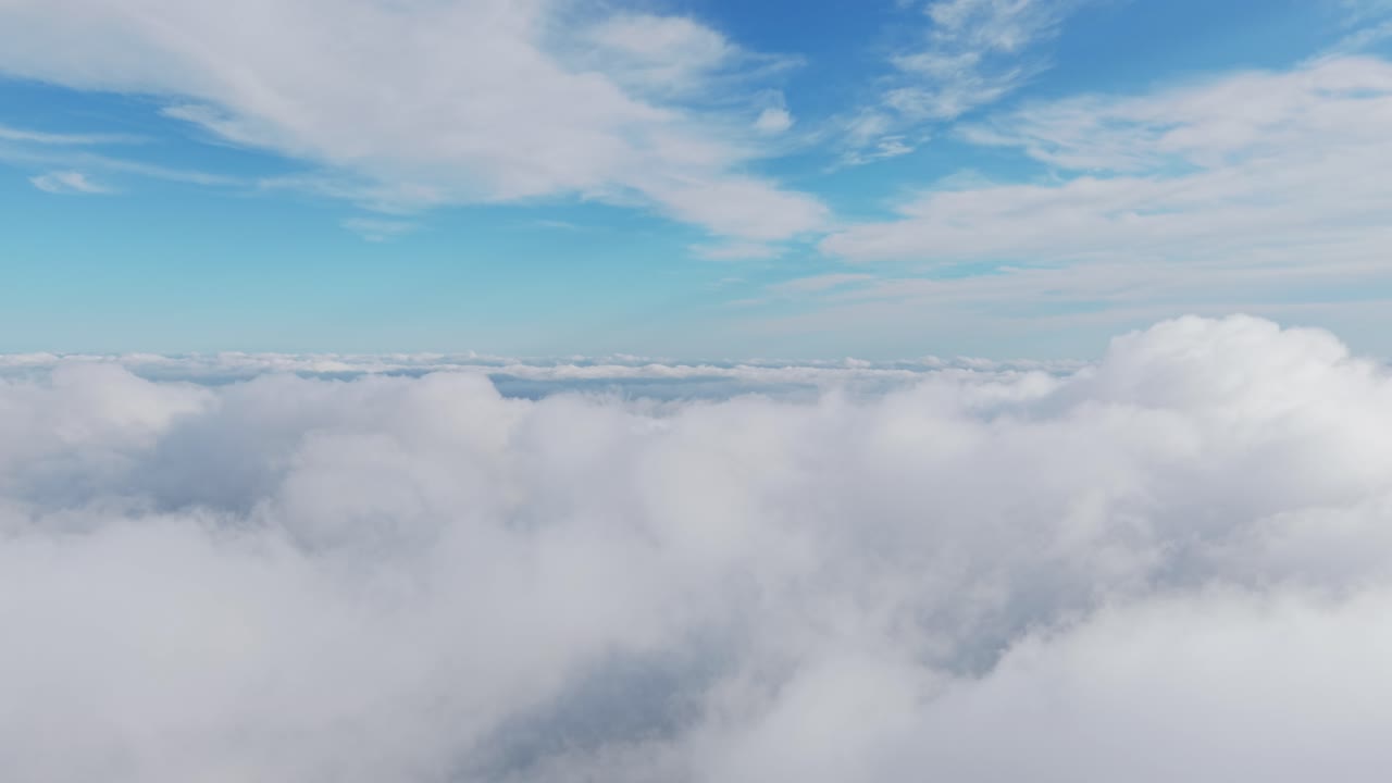Soft white clouds and a clear blue sky above, feeling serene and peaceful, aerial view