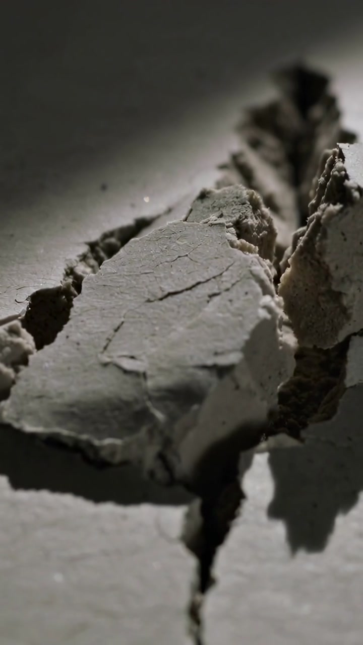 Vertical video: Crack widening pushing dry fragment upright on closeup surface with dust, shadows