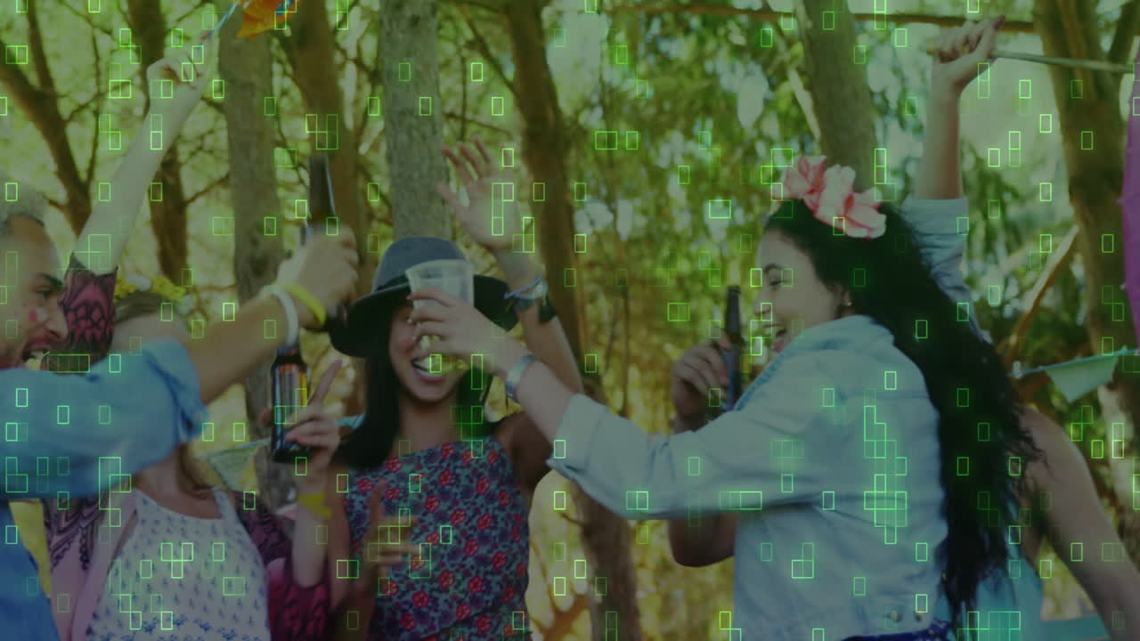 Friends raising beer bottles in sunlit woods, showing floating bar chart and money bag icons