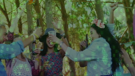 friends raising beer bottles in sunlit woods, showing floating bar chart and money bag icons