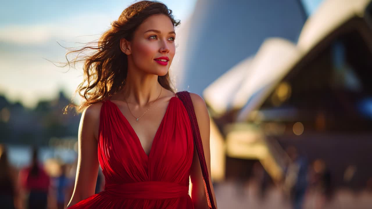 A radiant woman in a flowing red dress stands confidently in a vibrant urban environment, capturing the beauty of the moment with a warm sunset glow behind her
