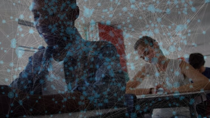 Animation of connections over happy diverse students using technology at school