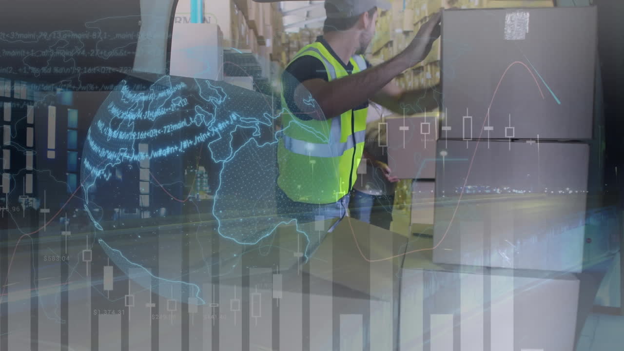 animación del globo de conexiones y estadísticas sobre el repartidor con cajas de cartón