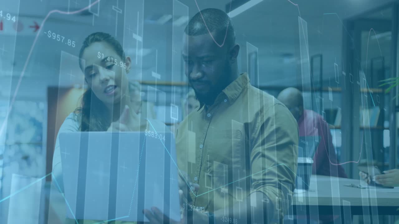 In open office woman holding bar chart initiating finance overlays and man leaning analyzing trends