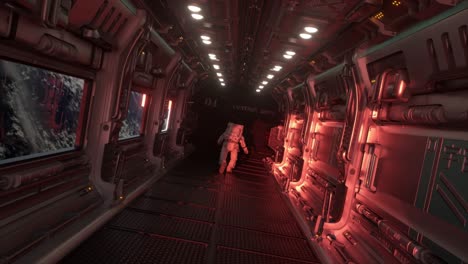 astronauta entrando en un portal blanco en un corredor de una nave espacial futurista