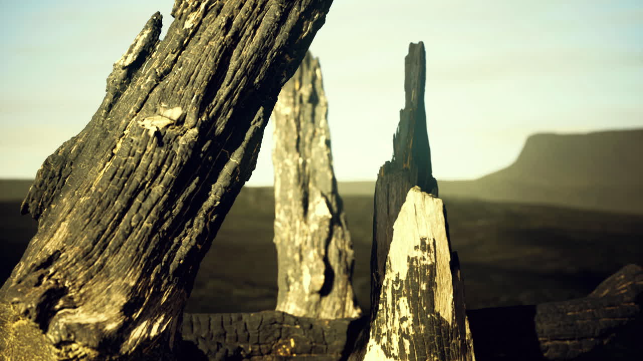 Unique geological formations in a barren landscape during sunset hours