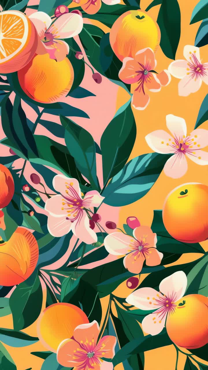 Vibrant, flat-lay illustration of oranges and blossoms on a bold background