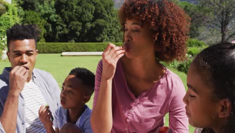 Happy-african-american-parents,-daughter-and-son-sitting-outdoors-on-blanket,-eating-fruits