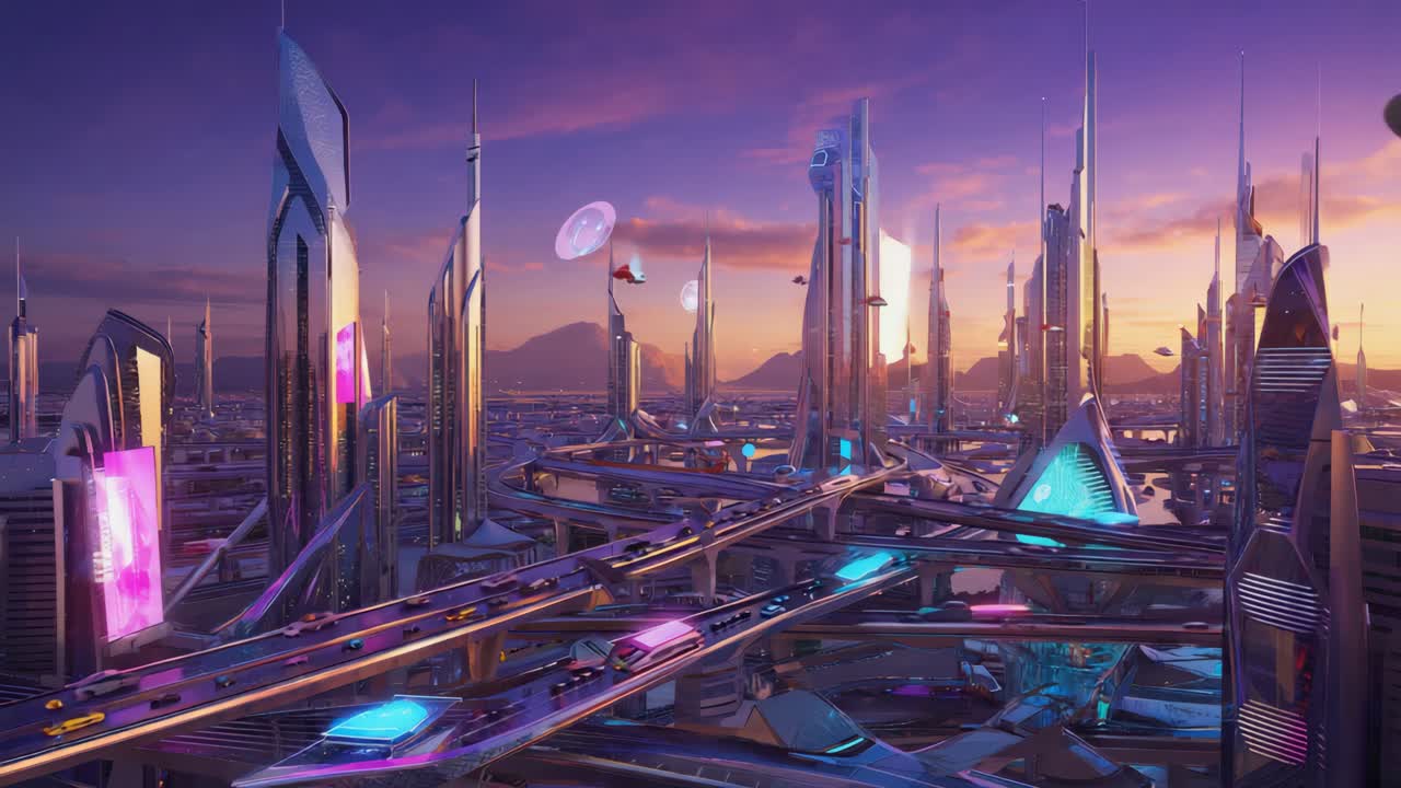 paisaje urbano futurista con vehículos voladores