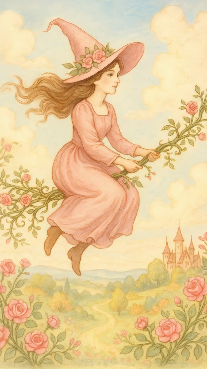 Illustrazione stravagante di una strega su una scopa, circondata da rose.