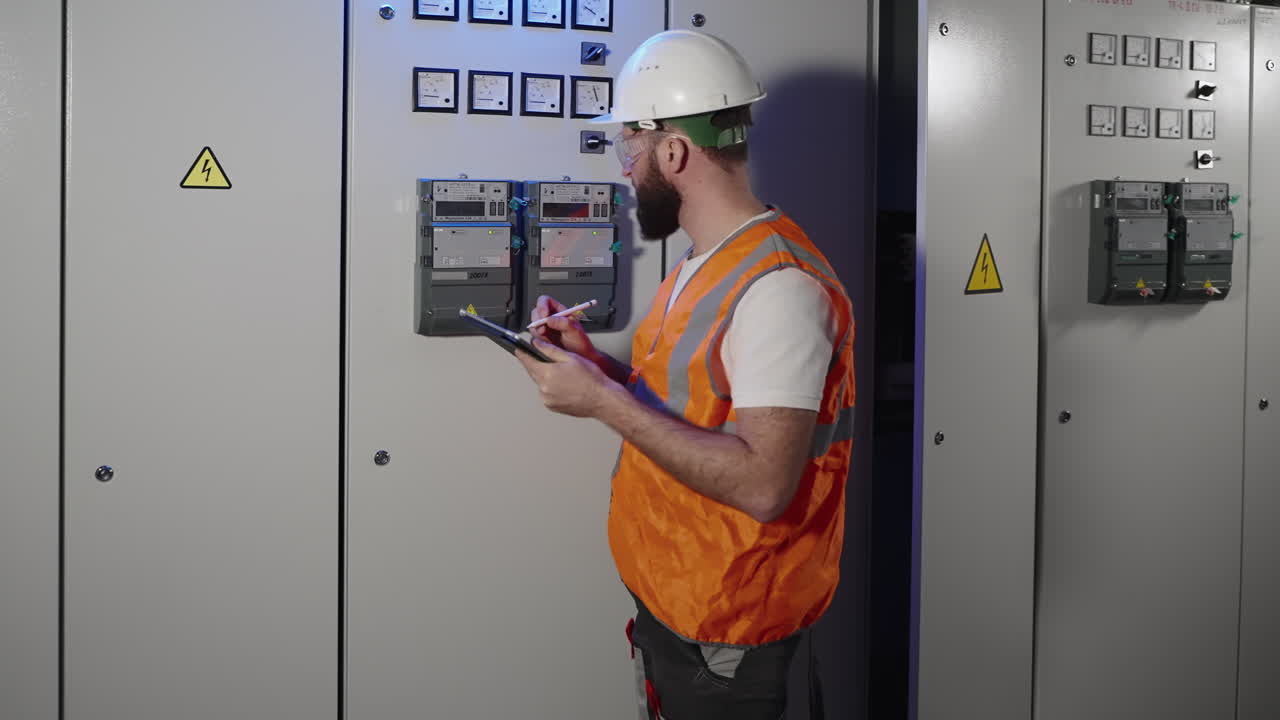 electricista inspeccionando el panel de energía