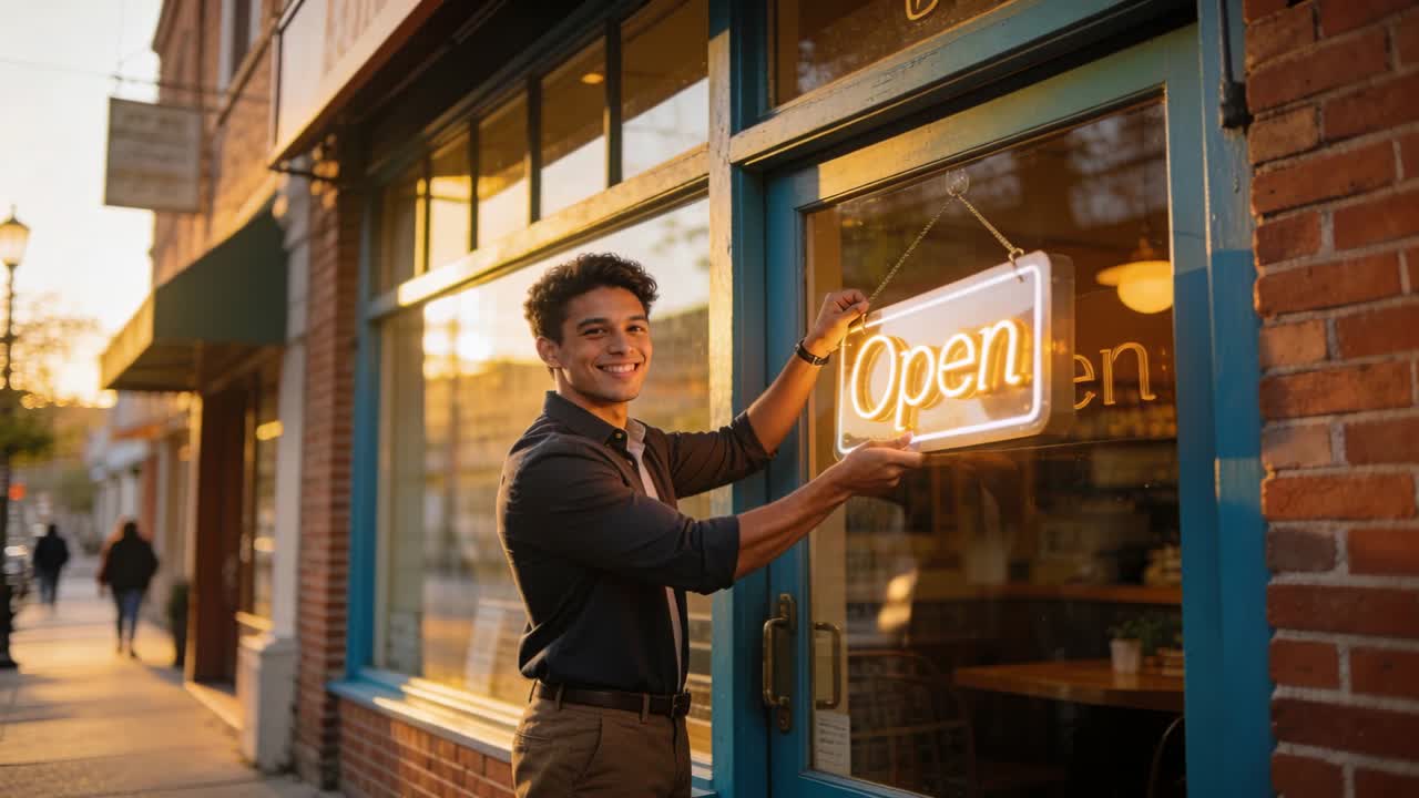 Holding neon "Open" sign, shop owner adjusting chain at storefront door, wearing dark shirt