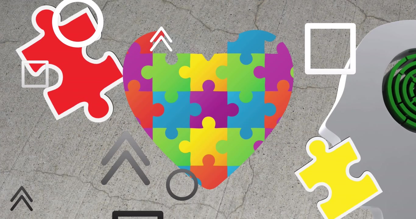 Animación de piezas de rompecabezas coloridas con texto del mes de concientización sobre el autismo.