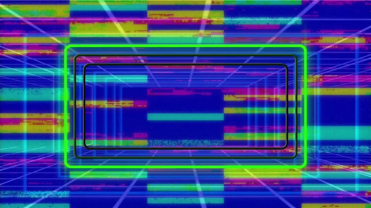 파란색 배경에 반 ⁇ 이는 활기찬 직사각형과 함께 네온 프레임의 애니메이션