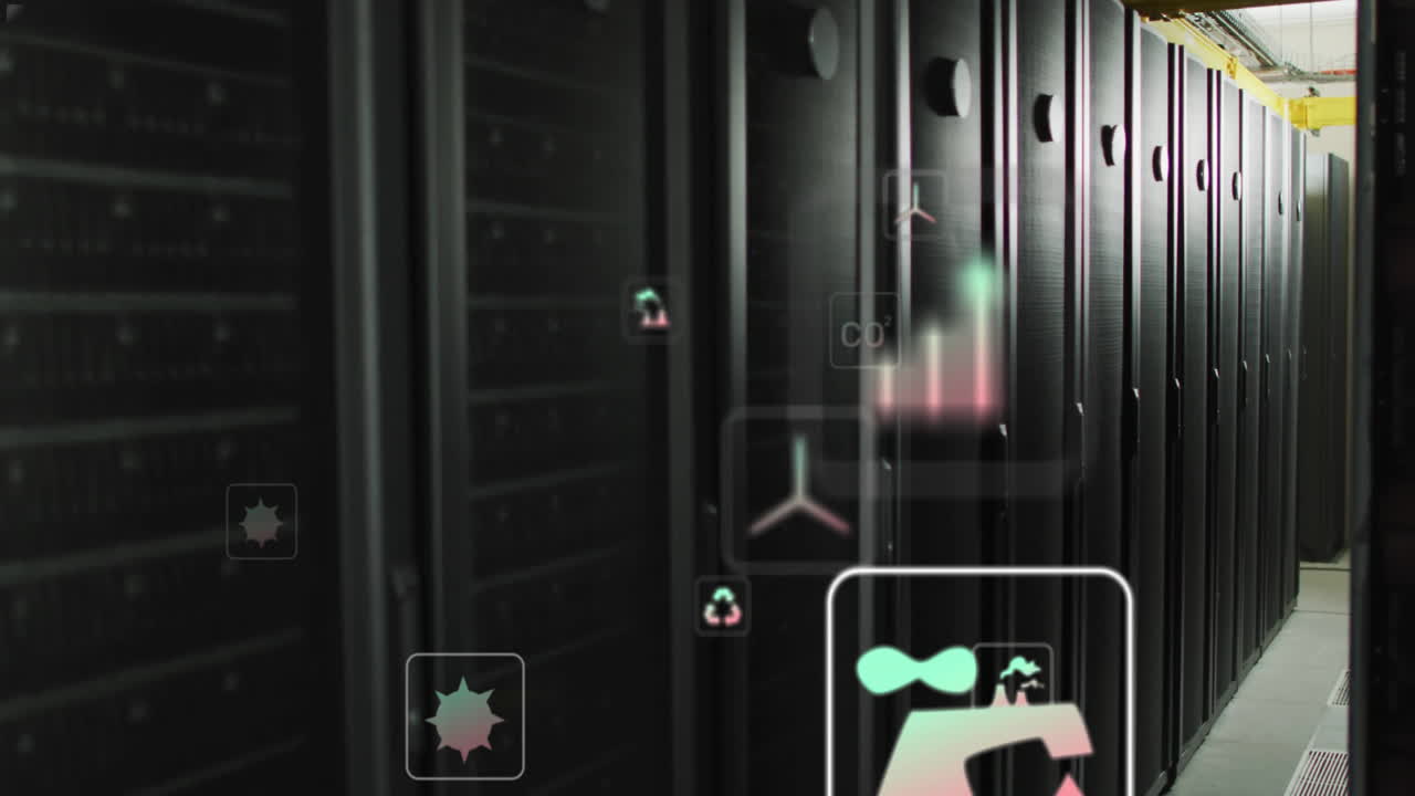 animación de iconos ecológicos y procesamiento de datos a través de servidores informáticos.