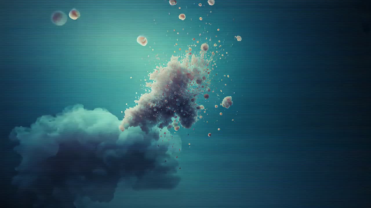 Forming central porous cloud fragmenting on teal gradient, shedding droplets past darker left cloud