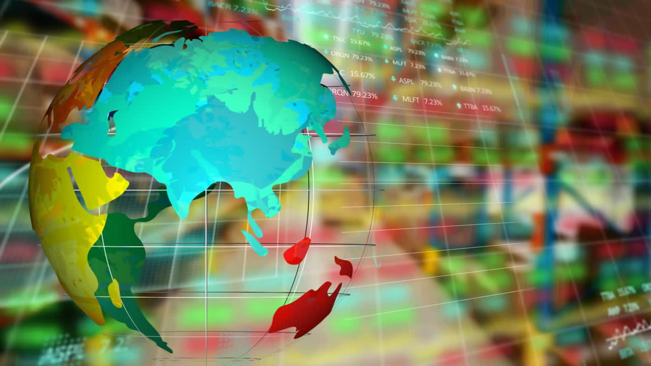 animación del globo y procesamiento de datos financieros sobre el almacén