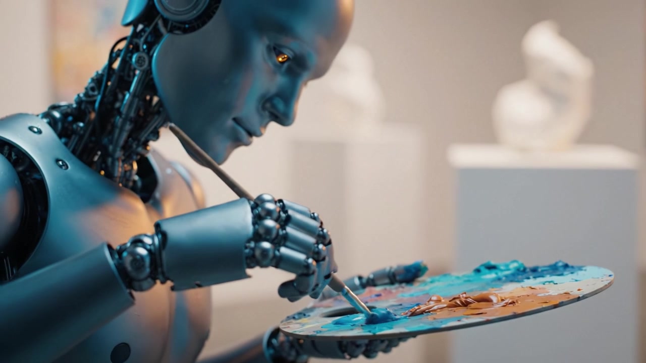 A humanoid robot artist skillfully painting on a palette, showcasing creative genius with vivid colors under soft lighting in an art gallery environment.