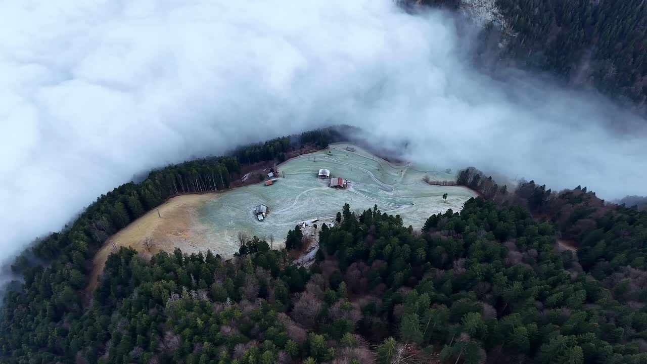 Et kig ned på et stykke grøn skov og græs på bjerget, omkranset af opstigende tåge og skyer nær Schattdorf