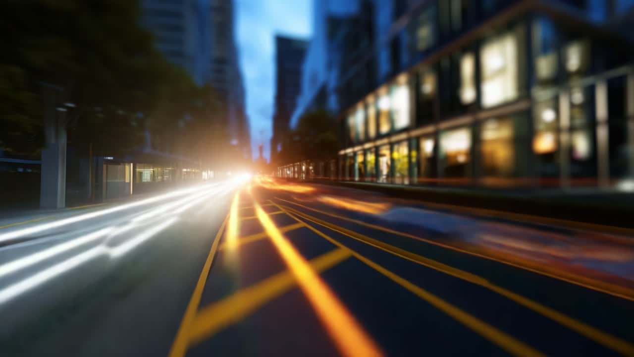 Dynamisk bybillede: En visuel rejse gennem bygader i skumringen med slørede lys og bevægelsesspor, der oplyser det urbane miljø