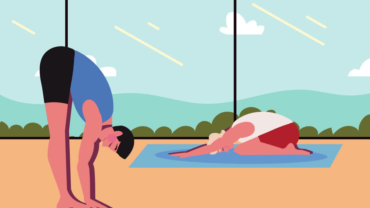Duas pessoas praticando poses de yoga em uma sala com vista
